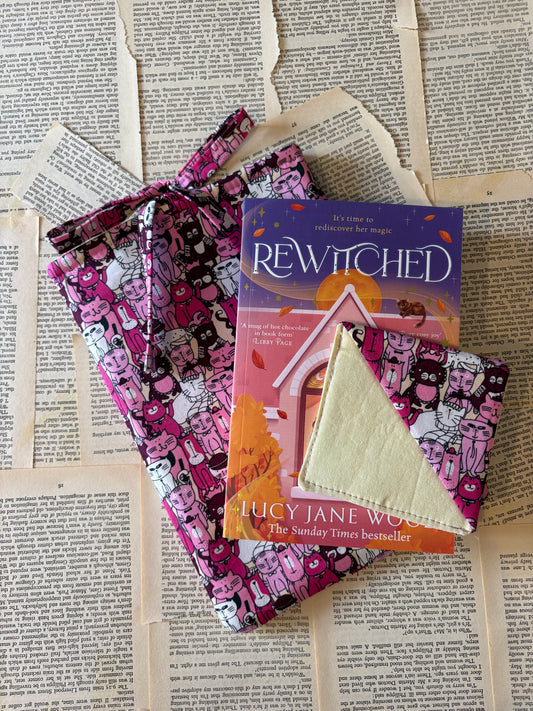 Pink cats Tie Top Book sleeve and corner bookmark