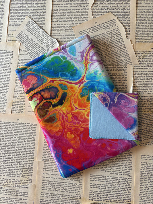 Rainbow marble open top Book sleeve and corner bookmark